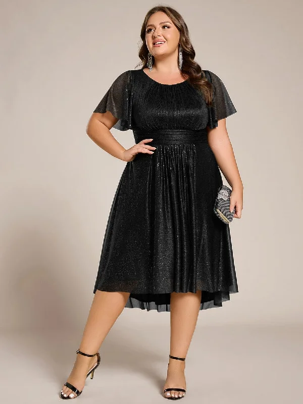 Plus Size Sequin Round Neck Asymmetrical Midi Wedding Guest Dress