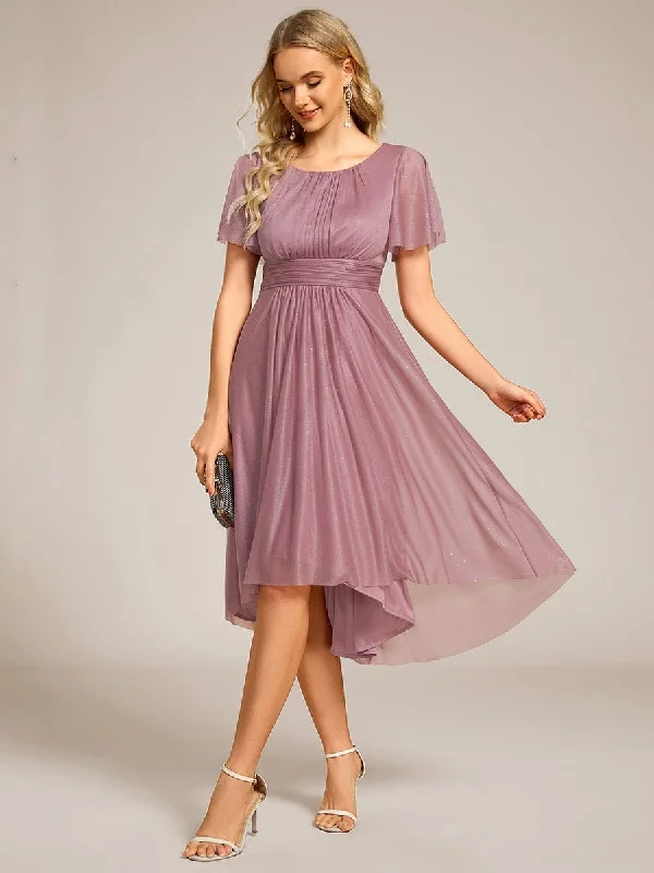 Glitter Short Sleeves Round Neck Midi Formal Dress