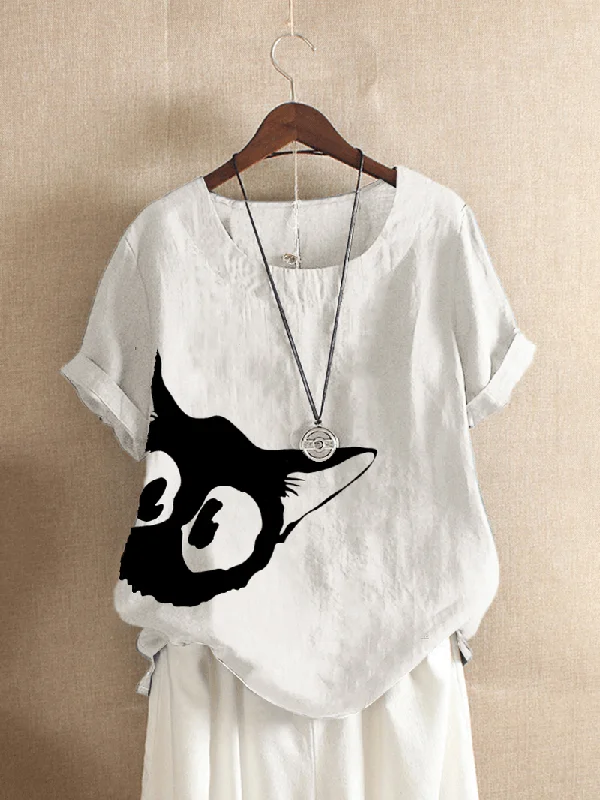 Cartoon Cat Printed O-Neck Short Sleeve Women Casual T-Shirts