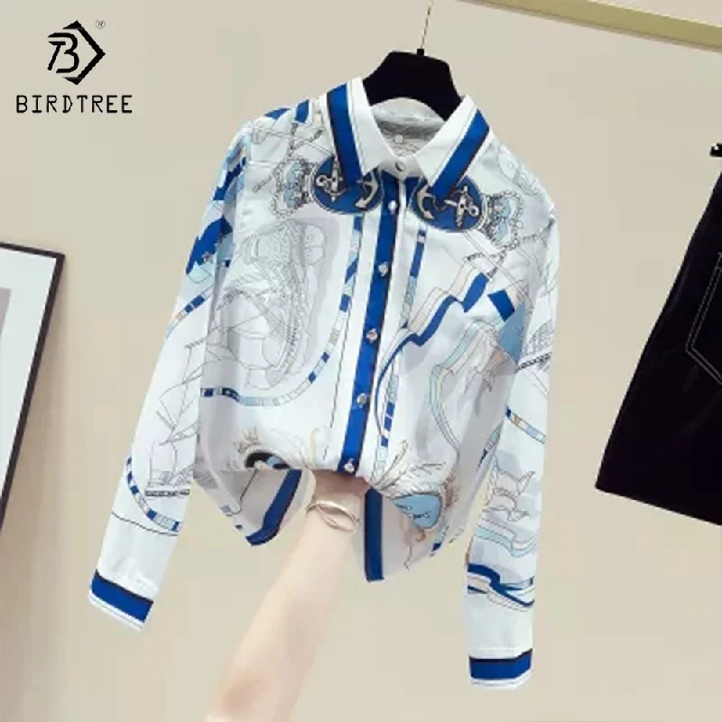Women's Long Sleeve Shirts Elegant Creative Printed Casual Loose Blouses Chiffon Shirt Tops Autumn Spring Athletic Women's High - 